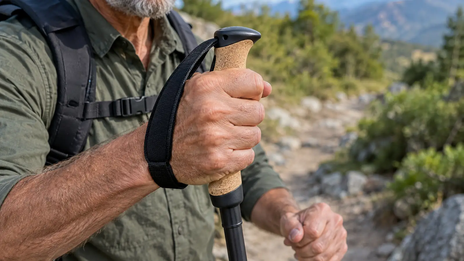 A hand gripping a trekking pole handle with a cork grip and a wrist strap