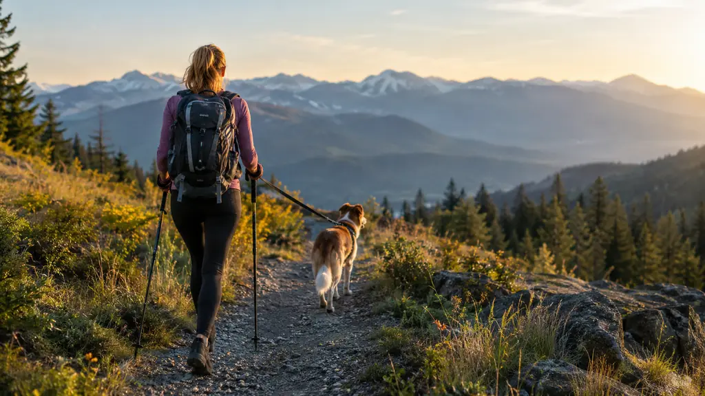 A person walking on a gravel trail with trekking poles, dog ahead on a leash